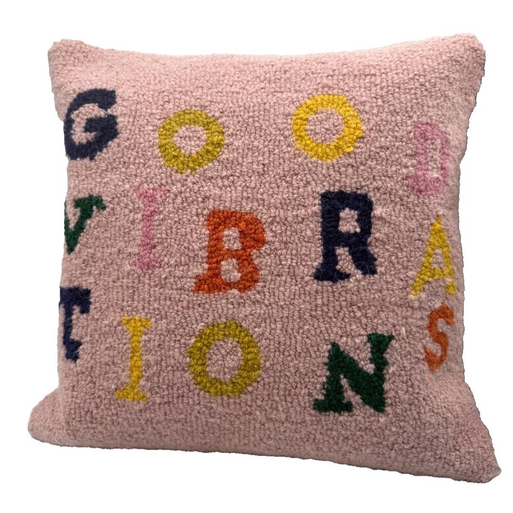 Pink Hooked Wool Pillow Cover Good Vibrations 18" Square - Picture 7 of 11